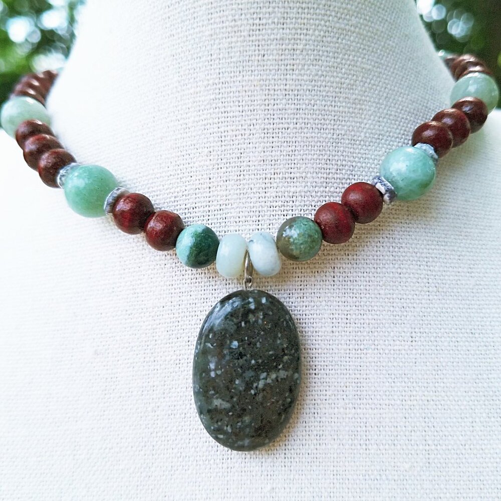 Boho Beaded Pendant Choker, Chunky Hippie Choker, Rustic Wood Bead Choker, Dark